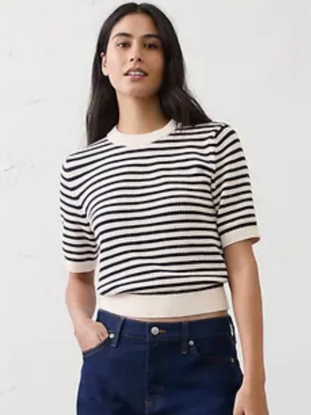 NWT BANANA REPUBLIC 100% COTTON NAVY WHITE STRIPED TEXTURE STITCH CROP SWEATER S